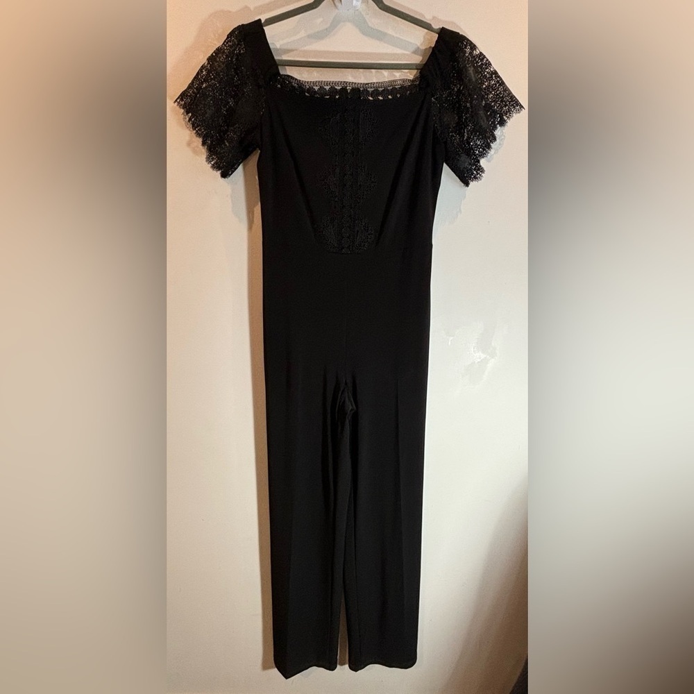FRANK LYMAN Sz 8 Jumpsuit Off the Shoulder Jersey Knit Exposed Zipper Lace NEW - Picture 2 of 10